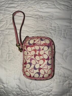 Coach Pink Heart Print Wristlet Phone Pouch Y2K